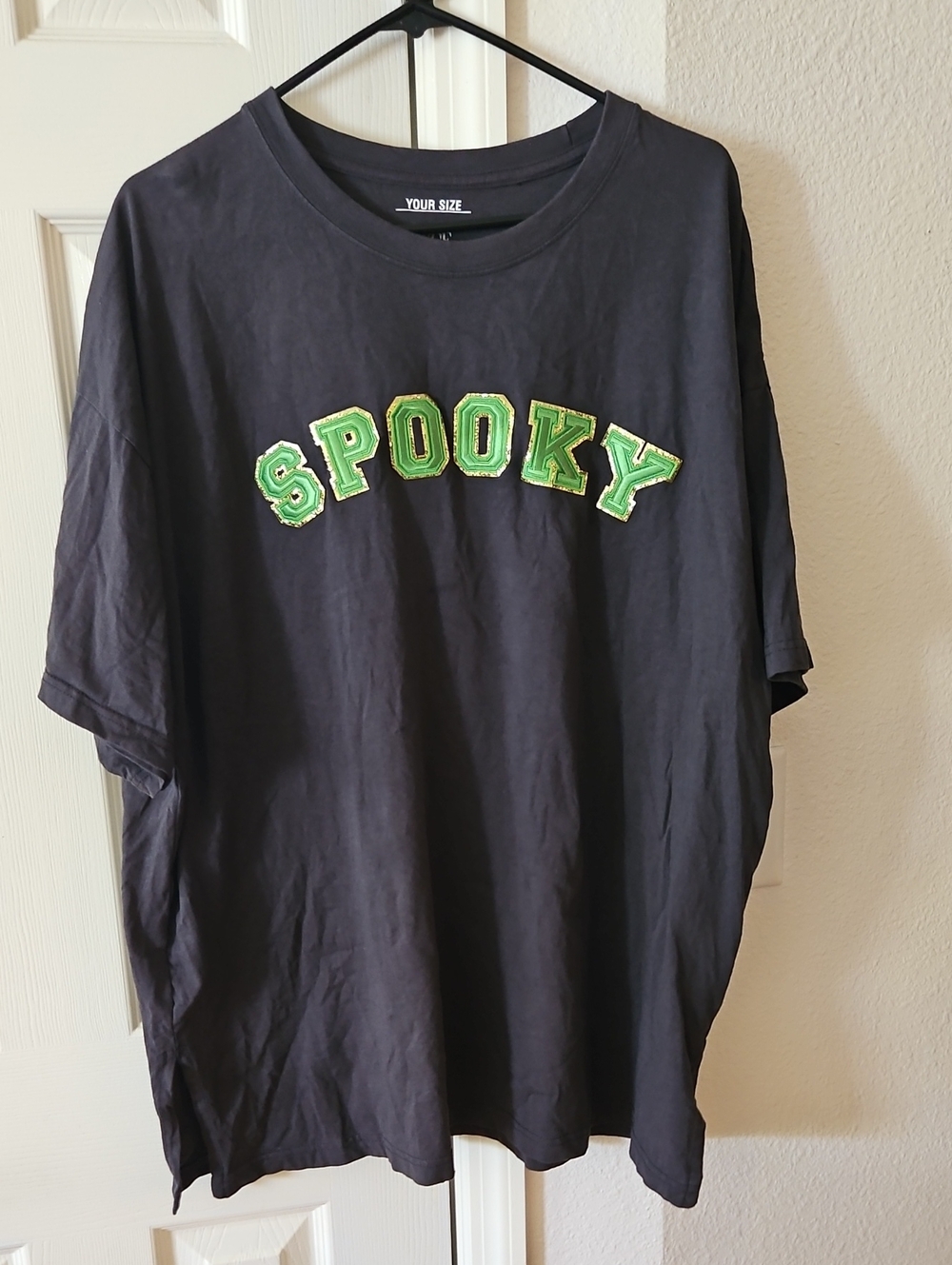 'Spooky' Grey Tee with Green and Gold Appliqué